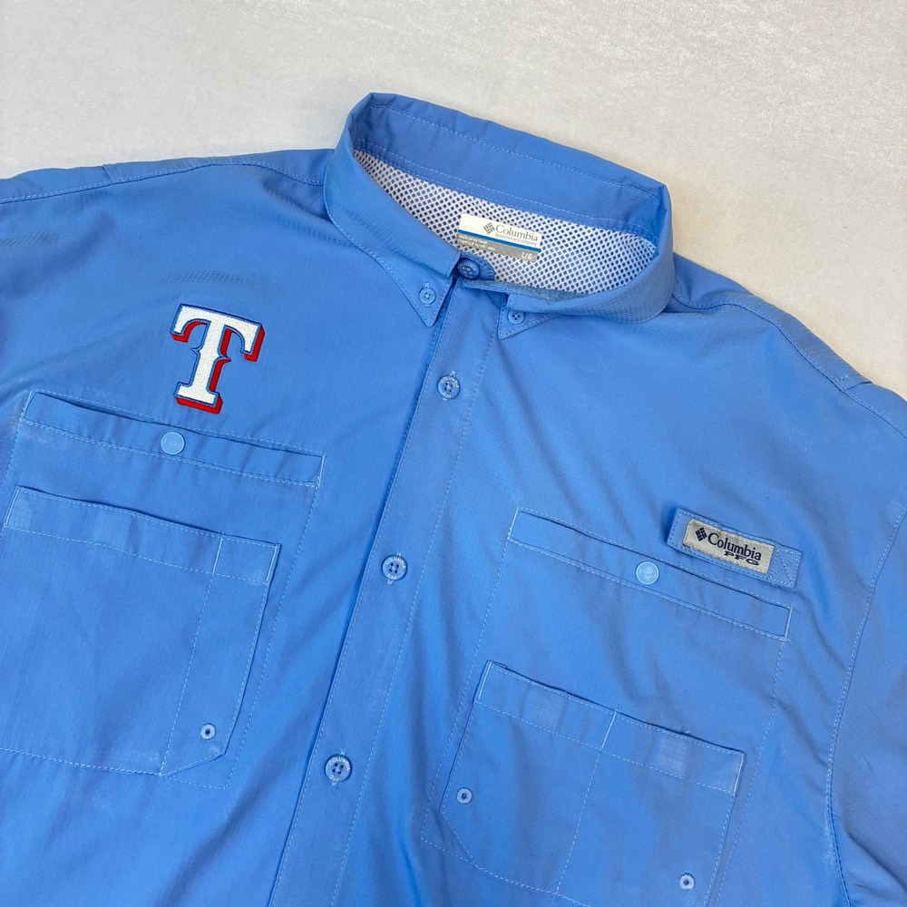 Columbia PFG Fishing Shirt Mens Large Blue Texas Rangers MLB Tamiami UPF 40